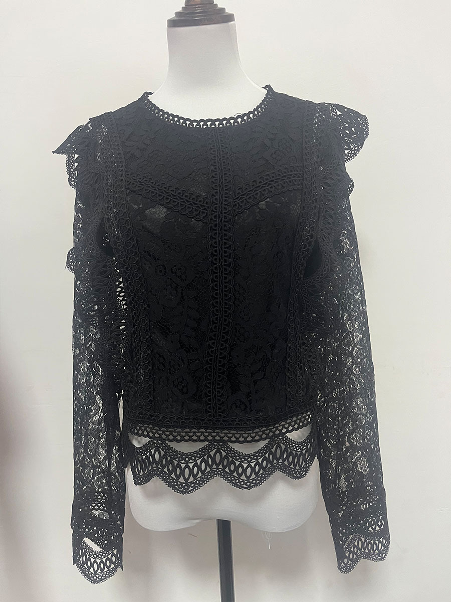 Women's Long Sleeve Blouse Sexy Hollowed Out Lace Top Solid Color Base American Style New Design Coat_ecoleips.com