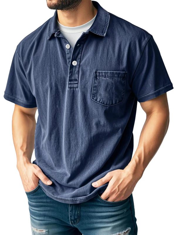 2025 クロスボーダー Amazon 独立系メンズ ピュアコットン カジュアル 多用途 レトロ 半袖 ボタン ラペル メンズ Tシャツ|undefined