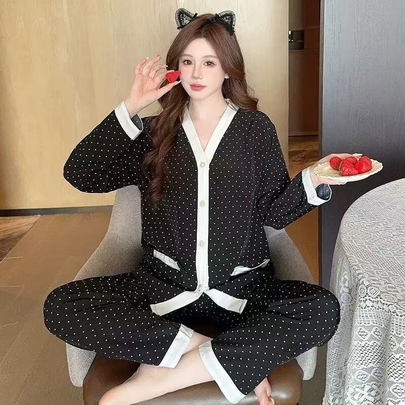 2026 Autumn Wal-Mart Cotton V-neck Casual Student Cardigan Long-sleeve Women's Pajama Set Plus Size Home Wear 2026 Autumn Wal-Mart Cotton V-neck Casual Student Cardigan Long-sleeve Women's Pajama Set Plus Size Home Wear