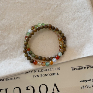 Natural Peacock Agate Green Sandalwood Beaded Bracelet Retro New Chinese Style Ethnic Style Natural Stone Double-Layer Stringed Bracelet