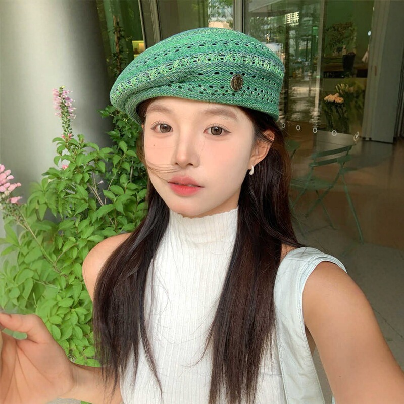 Green Summer Beret for Women 2025 New Style, Suitable for Beginners, Makes Face Look Smaller and Head Circumference Appear Smaller