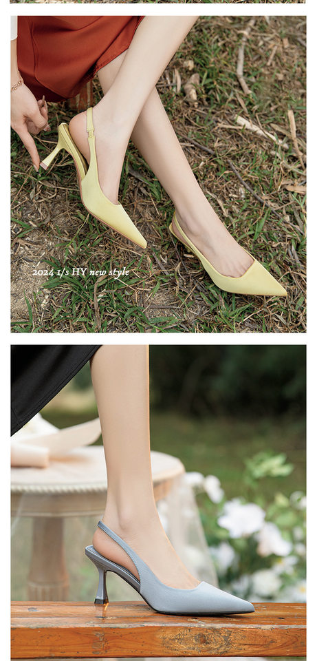 Giày cao gót nữ mũi nhọn gót mảnh quai sau bít mũi, gót 6–8 cm — Màu hồng nhạt, Màu vàng nhạt, Màu xanh lam nhạt chi tiết 8