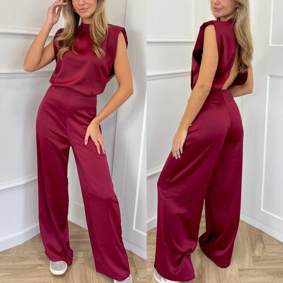 Amazon 2025 Summer New European and American Women's Solid Color Collar Sleeveless Loose Satin Backless Wide Leg jumpsuit