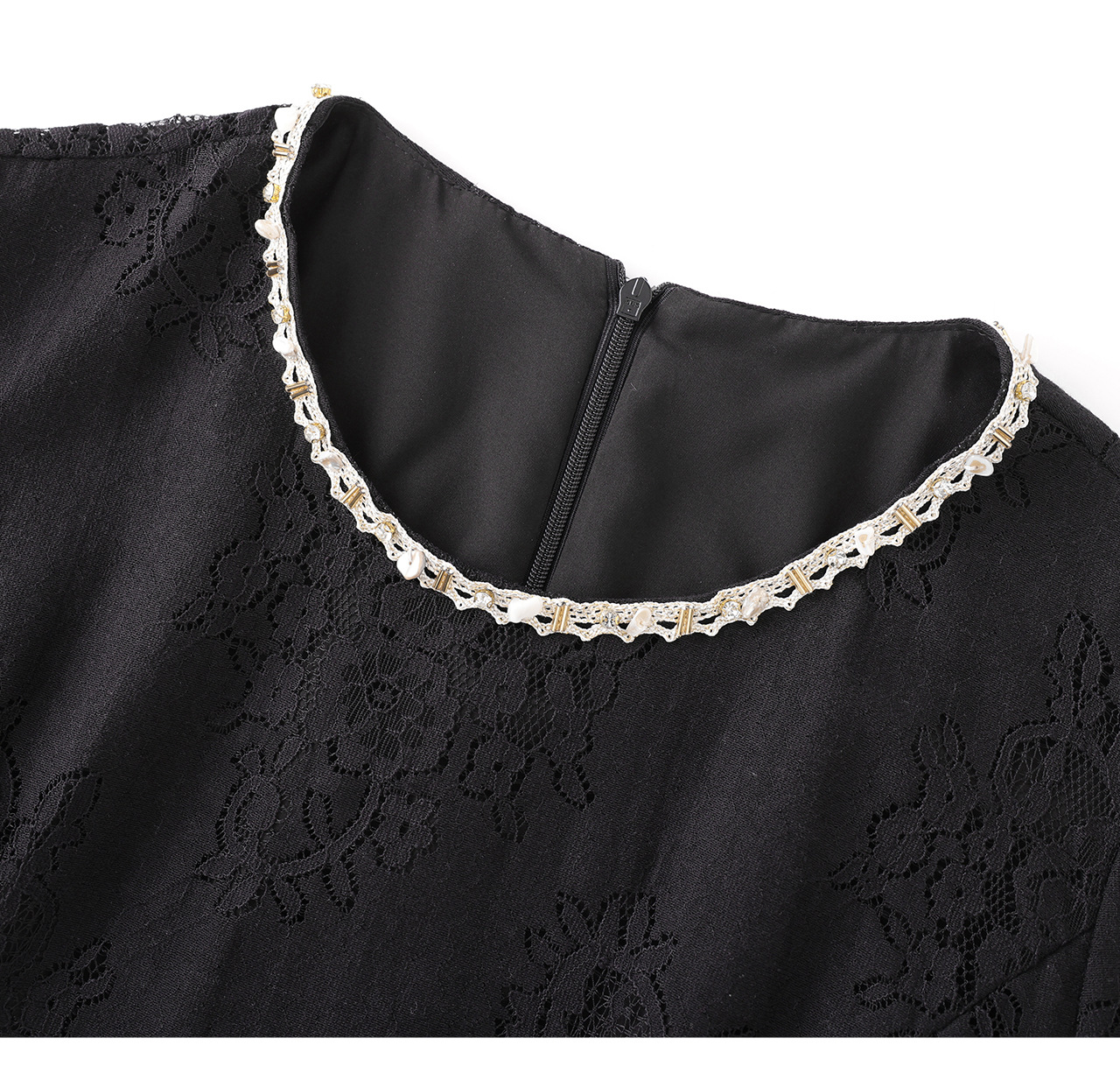 Đầm suông nữ midi thắt eo ren đính đá jacquard chữ A — màu đen chi tiết 18
