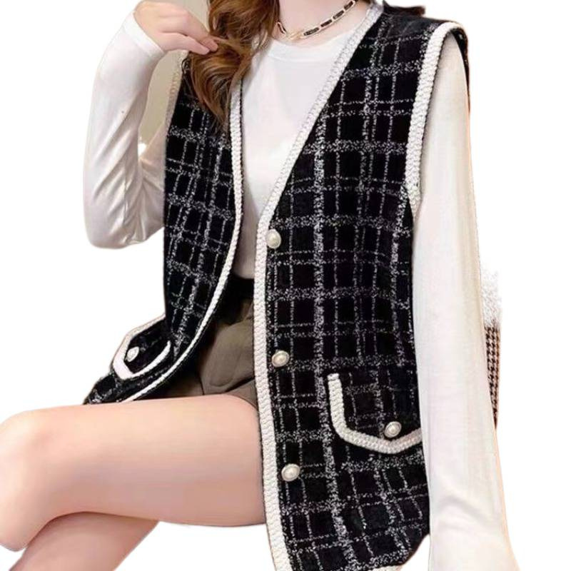 Xiaofang chaleco a cuadrícula chaqueta de mujer sin mangas para usar abrazadera de caballo imitación de agua de invierno invierno cardigan de punto image 5