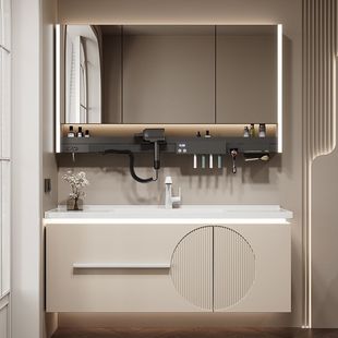 Multifunctional storage rack mirror cabinet ceramic integrated solid wood bathroom cabinet combination bathroom hand washing table washbasin