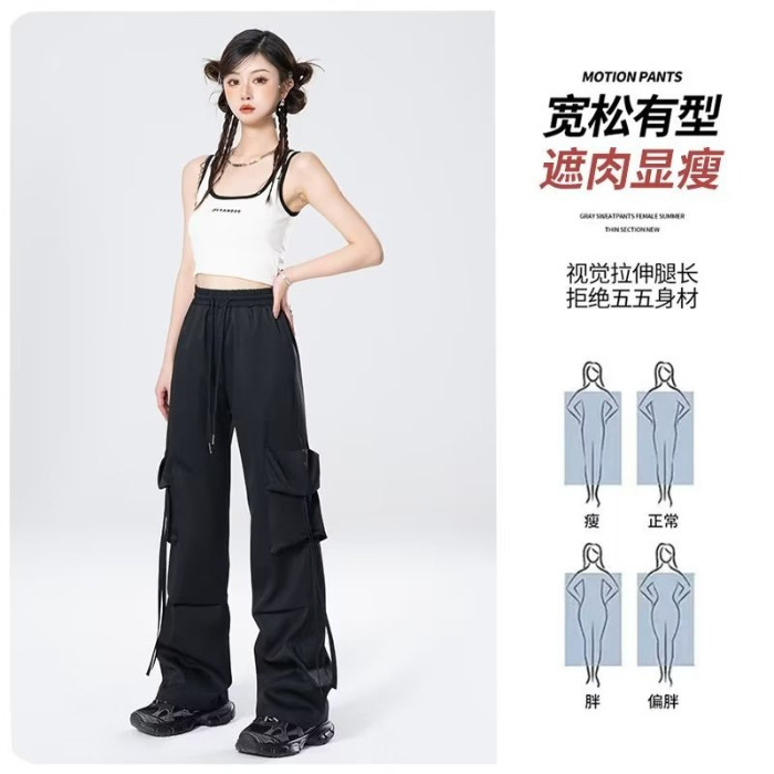 美式复古日系工装裤女秋季高腰阔腿设计感小众宽松休闲直筒长裤潮|undefined