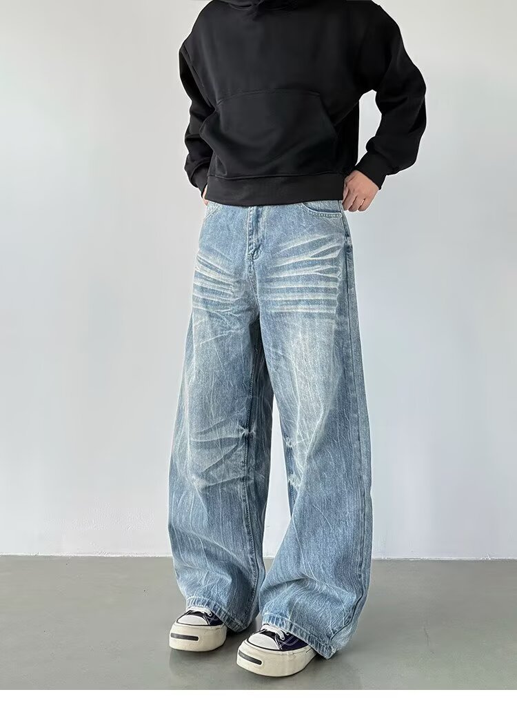 Wide Leg Denim Jeans With Lightning Bolt Pattern For Men And Women_voghion.com