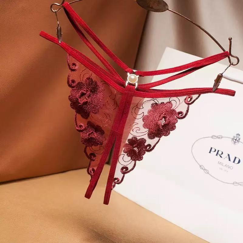 European and American sexy embroidered hollow transparent mesh thong…