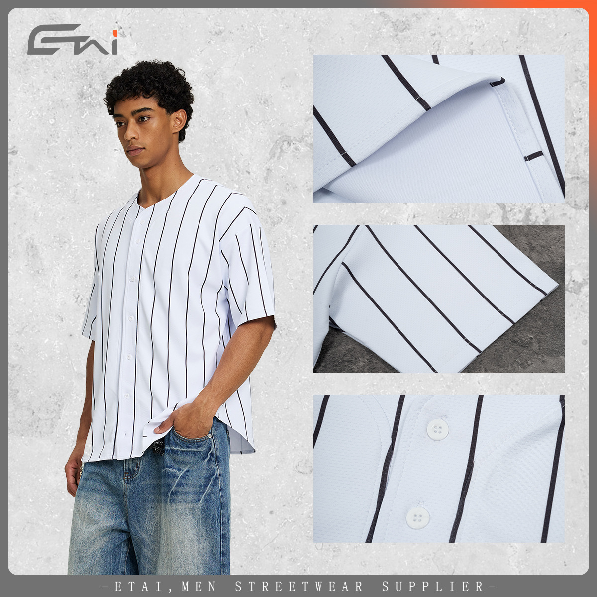 ETAI hombre de verano pesado hombre camiseta de béisbol a rayas delgadas camiseta deportiva casual suelta Cardigan de manga corta en stock transfronterizo
