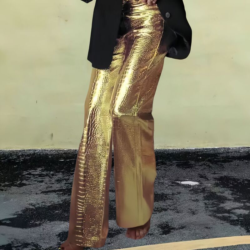 2024 European and American style spring new silver PU leather pants fashion scale pattern high waist long straight pants children