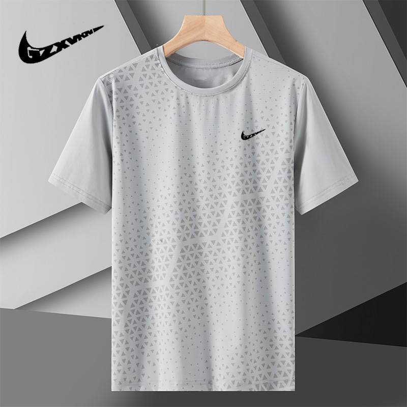 Cross-Border 2025 New Ice Silk T-Shirt Men's Sports Outdoor Short-Sleeved Tops Quick-Drying Printed Casual Round Neck T-Shirt for Men