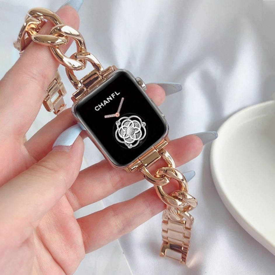 Chanel estilo de una sola fila Cadena de mezclilla de cadena de Apple correa de metal adecuado para Apple Applewatch6/7/8 Serie Completa