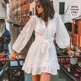 2025秋季跨境新款欧美女装连衣裙v领长袖色甜美系带荷叶边短裙
