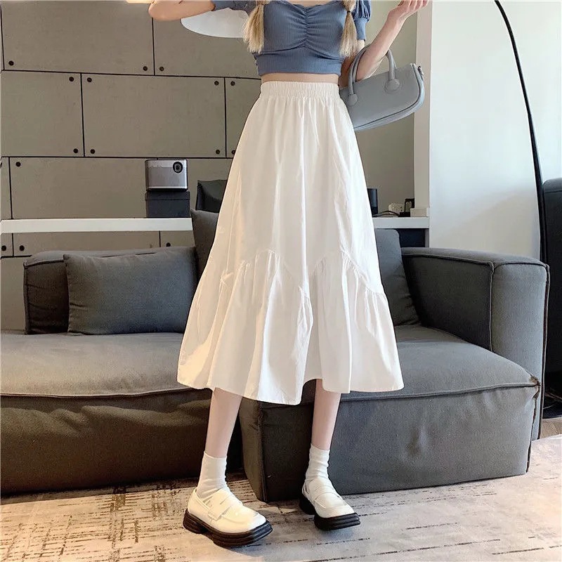 Summer 2023 New High-Waisted Loose Slim Umbrella Skirt Pure Lust Skirt White A-Line Mid-Length Skirt for Women