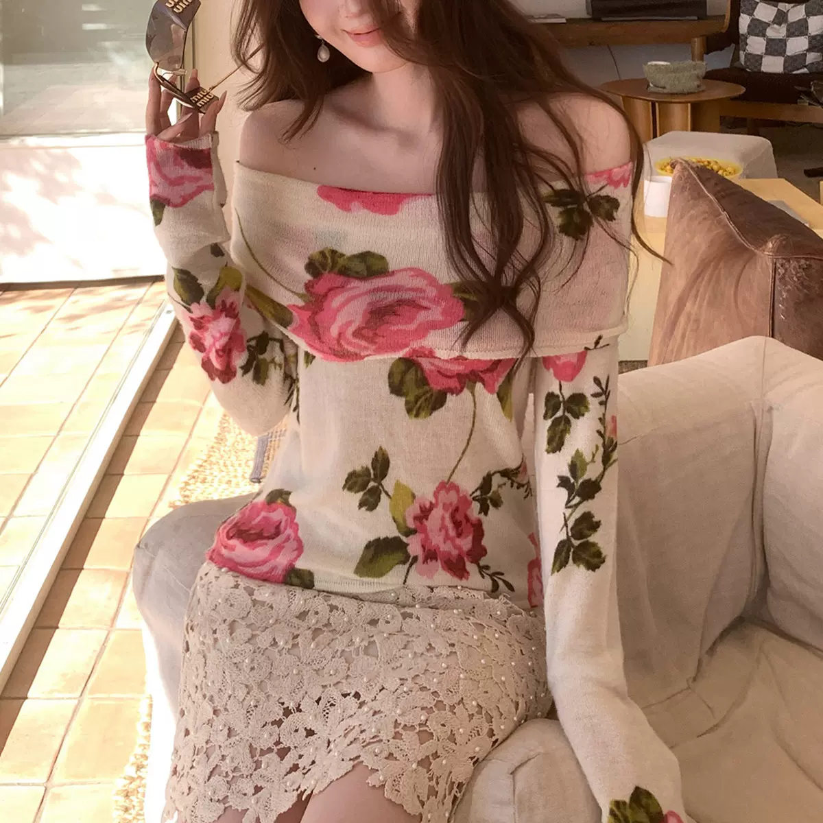 软糯法式浪漫玫瑰一字肩长袖女毛衣春季羊毛针织衫印花慵懒上衣