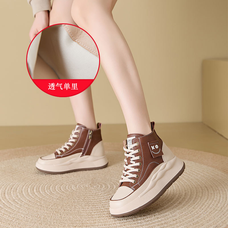 Otoño nuevo cuero casual zapatos individuales para mujeres 2024 pequeño aumento de altura de suela gruesa con cremallera lateral delgada zapatos 550