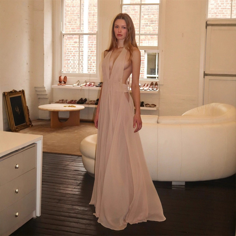 Summer European and American Niche Style Sexy Halter V-Neck Deep Backless Silk Flowing Maxi Dress with a Large Hem for Vacation Style