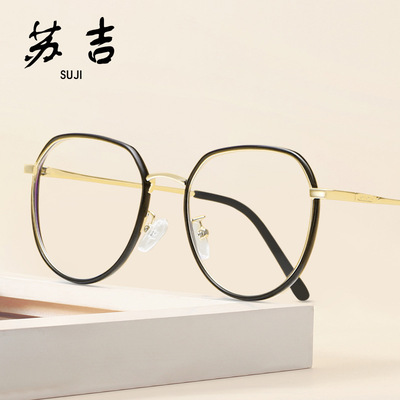 2021新款复古防蓝光平光镜女士全框架多边形TR90金属混合框架眼镜