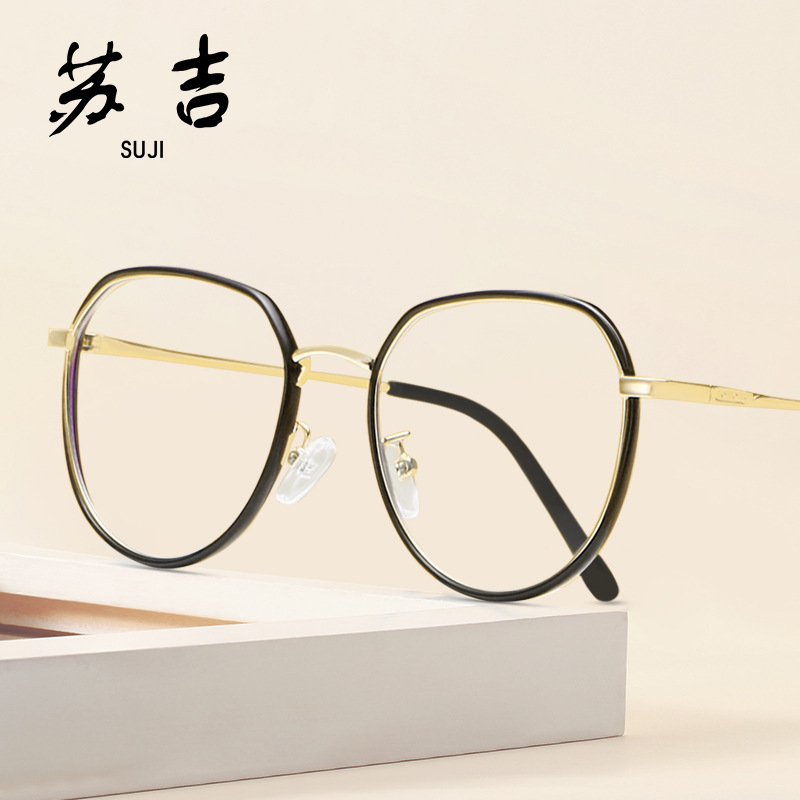 2021新款复古防蓝光平光镜女士全框架多边形TR90金属混合框架眼镜