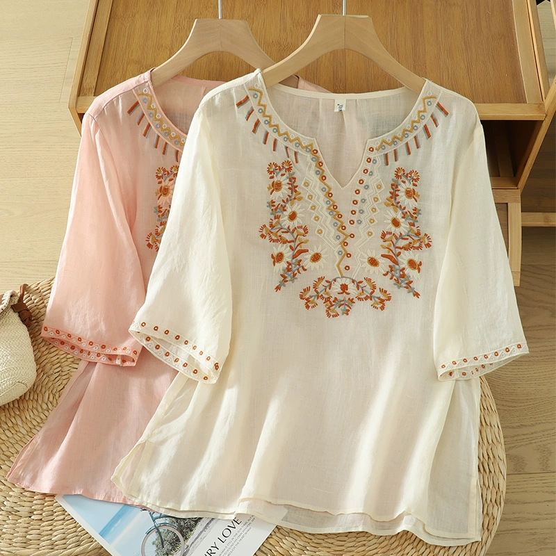 2025 новый летний стиль ретро этнический стиль улучшенная художественная вышивка свободный утягивающий короткий рукав топ для женщин