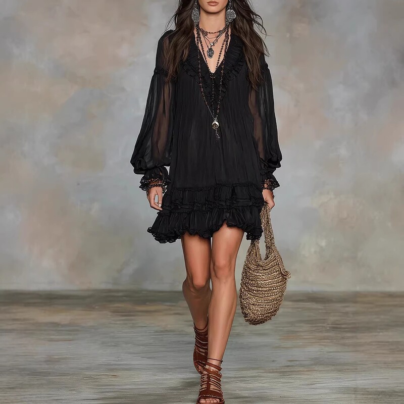 2026 Spring New V-Neck Waist-Cinching Ruffle Elegant Dress Amazon Independent Site Cross-Border Women's Clothing 2026 Spring New V-Neck Waist-Cinching Ruffle Elegant Dress Amazon Independent Site Cross-Border Women's Clothing