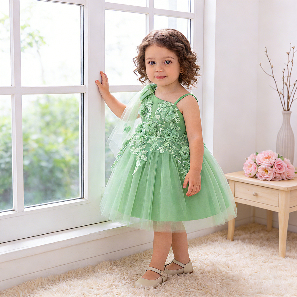 Vestido de lacio de fábrica vestido de novia blanco vestido de vestir chal vestido de princesa hinchada para niños
