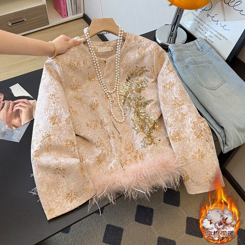 Real Shot of New Chinese-Style Improved Hanfu with Heavy Jacquard, Round Collar, Padded and Thickened, Ostrich Feather Three-Dimensional Inlay, Long-Sleeve Coat