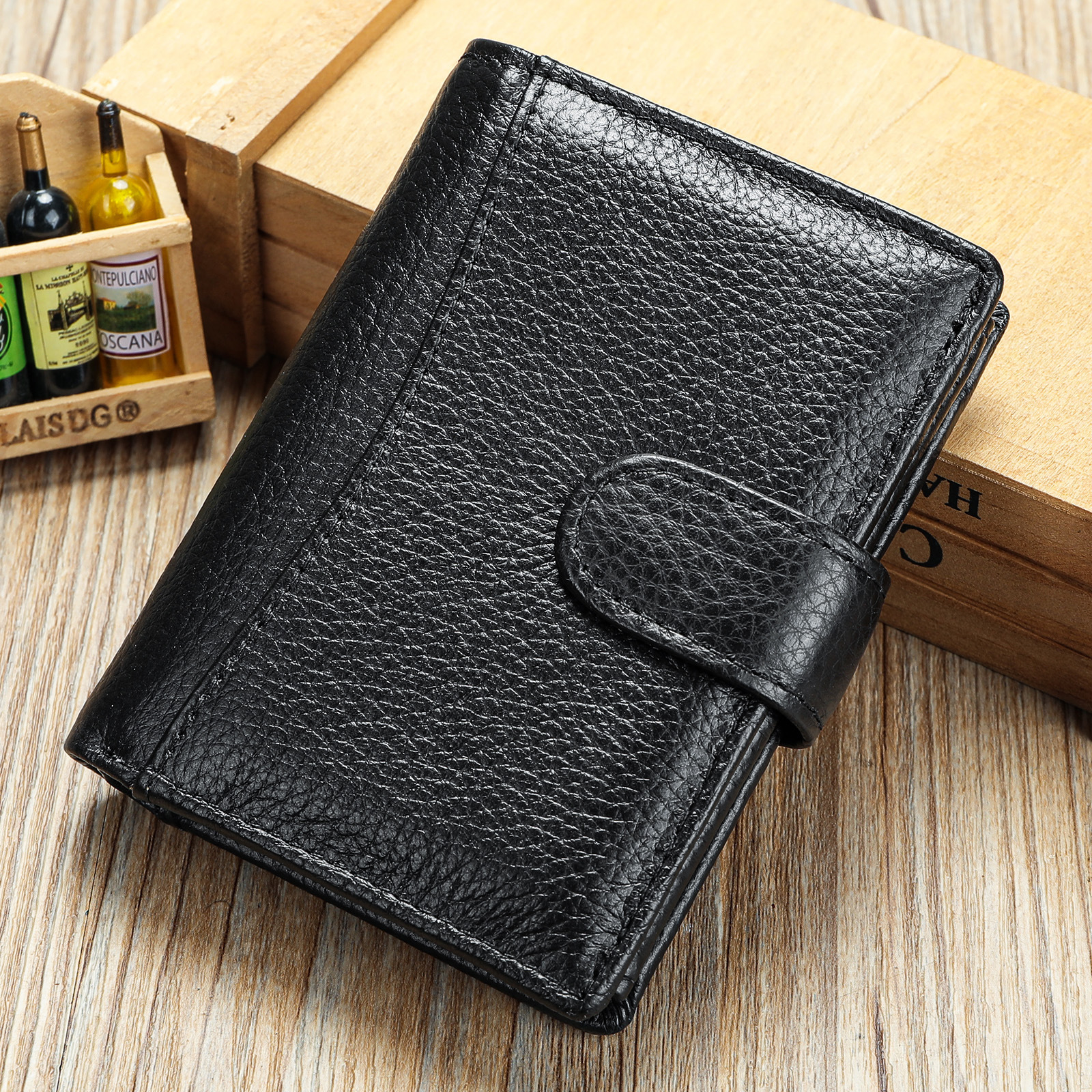 Ví nam da bò gập ba chống trộm RFID nhiều ngăn thẻ — Màu đen, Màu đen vân phẳng, Màu cà phê, Cà phê dầu