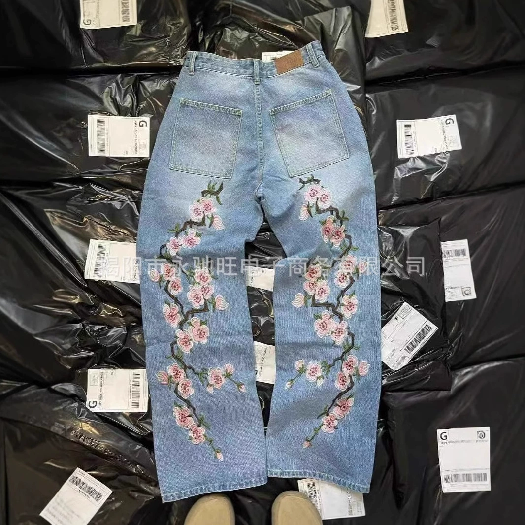 Американские ретро-личные уличные джинсы с цветочным принтом для мужчин и женщин, новые винтажные повседневные свободные длинные брюки на весну и осень.
