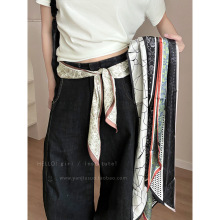 黑色腰果花长条薄丝巾女2025新款韩系斜角领巾高级感气质系腰配饰