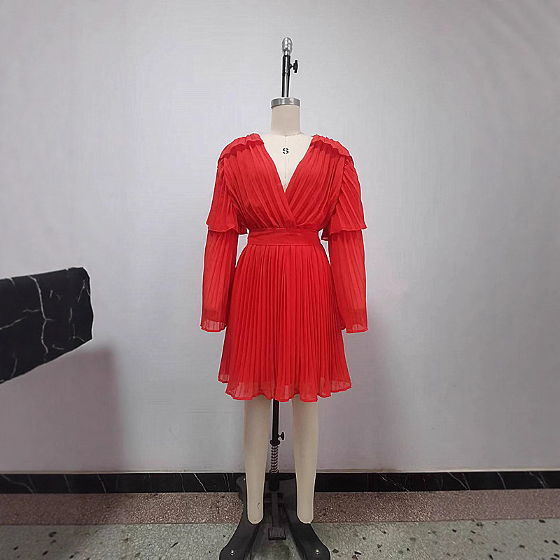 Summer New Arrival Women's Clothing Solid Color Fashion Dress V Neck Chiffon Pleated Tie Batwing Sleeve American Style_ecoleips.com
