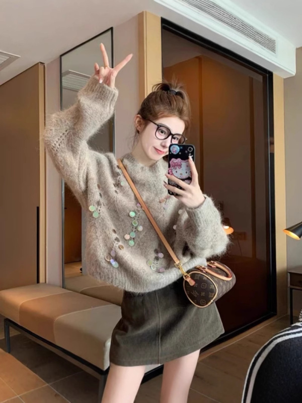 富家千金感穿搭美拉德重工亮片毛衣女秋冬季加厚针织衫半身裙套装|undefined