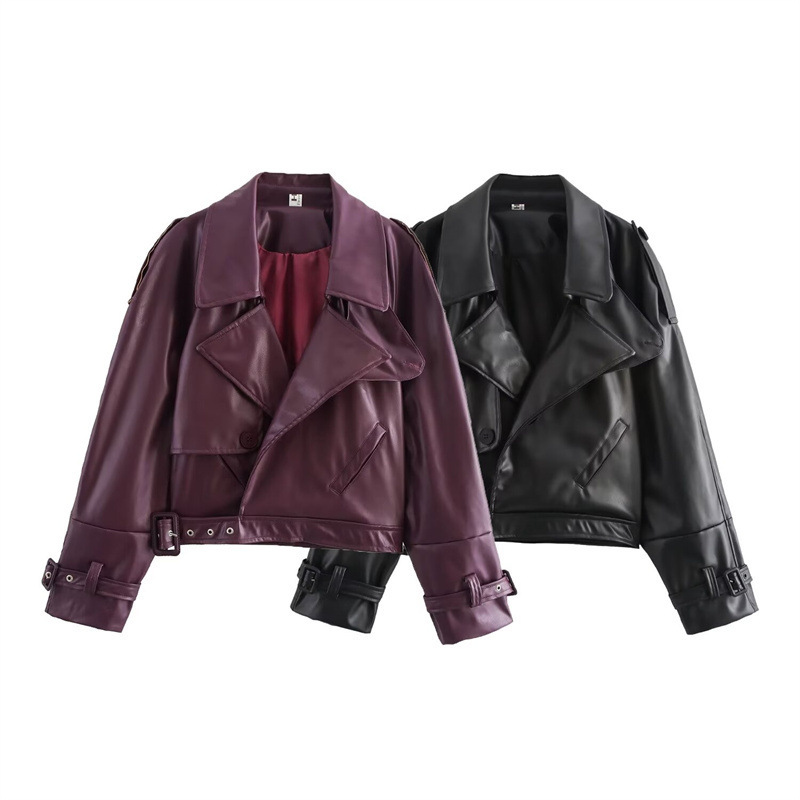 Saw Aliexpress Independent Station European and American Style Women's Fashion Lapel Long-Sleeved Retro Motorcycle Leather Jacket