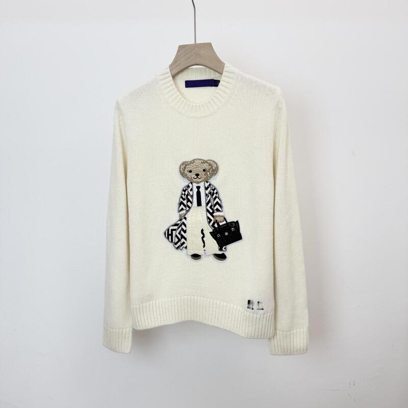 Rl/High-Quality 26-Year Autumn/Winter Women's Patchwork Bear Wool Cashmere Embroidered Cartoon Crew Neck Sweater Knitwear