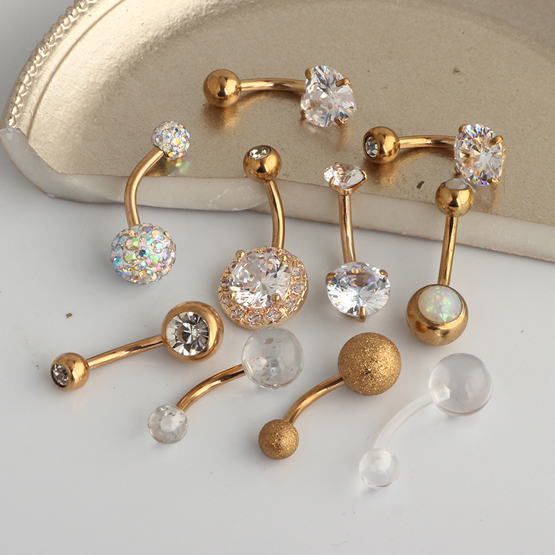 10-Piece Short CZ Navel Ring Set - Belly Button Rings Rose Gold with Zircon, Stainless Steel Body Piercing Jewelry for Women detail image 7