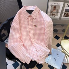假两件格子衬衫女生春秋季新款粉色衬衣外套宽松休闲防晒长袖上衣