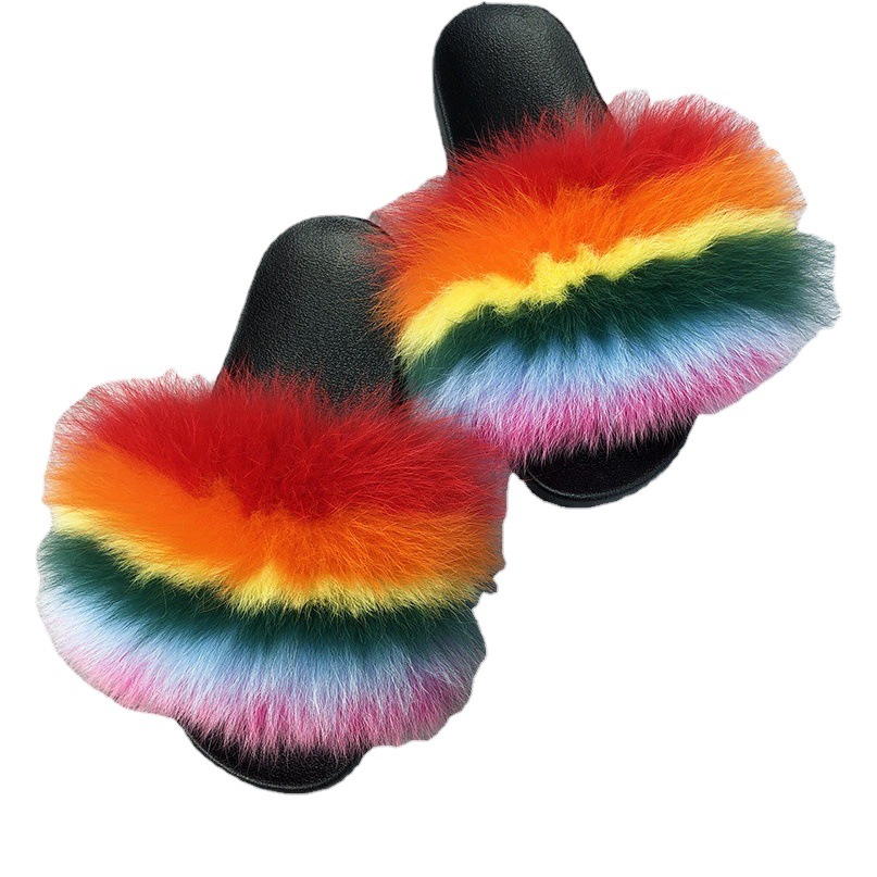 Moda real piel zorro pelo zapatillas mujer verano una palabra piel mujeres desgaste sandalias playa zapatillas mujeres