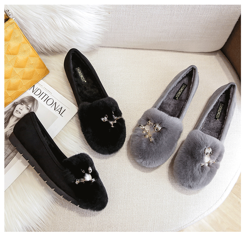 Giày lười nữ lông mềm giữ ấm cổ thấp đế bệt chống trơn trượt — Màu xám, Màu đen chi tiết 23