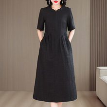 高端妈妈香云纱真丝连衣裙女中长款收腰裙子时尚龟裂纹简约A字裙