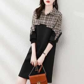 新款秋装气质翻领格子拼接长袖连衣裙女通勤衬衫裙子