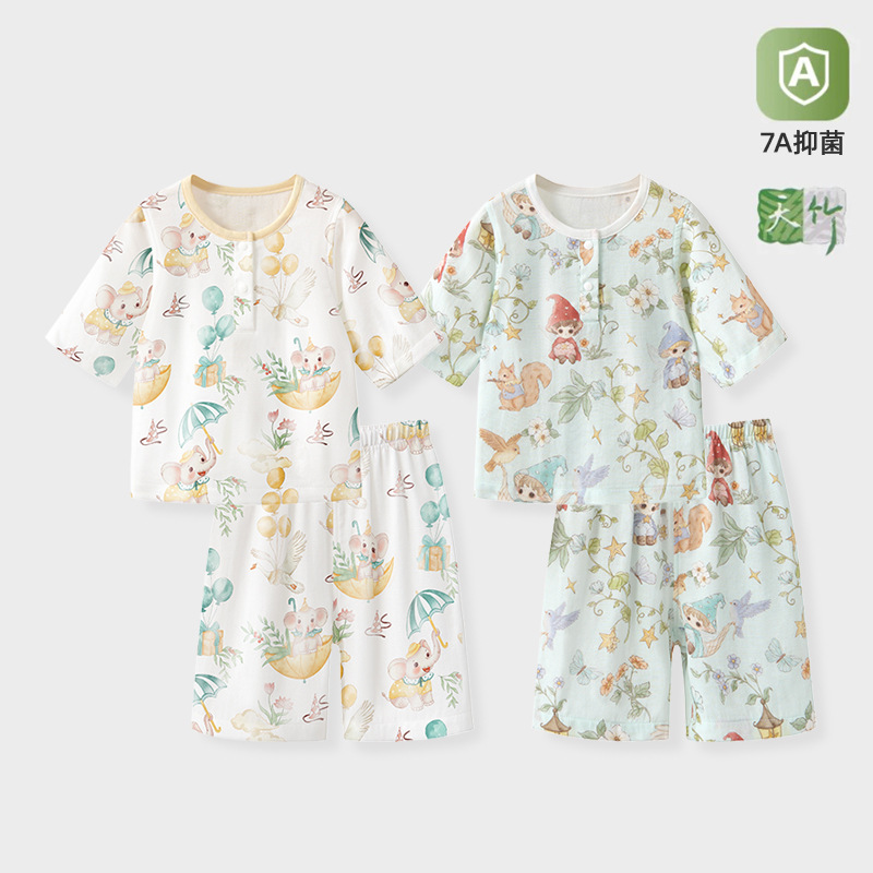 2025 New Summer Tianzhu Cotton Kidsren's Home Clothes Set Thin Breathable Sweat-Absorbent Cute Summer Pajamas for Boys and Girls