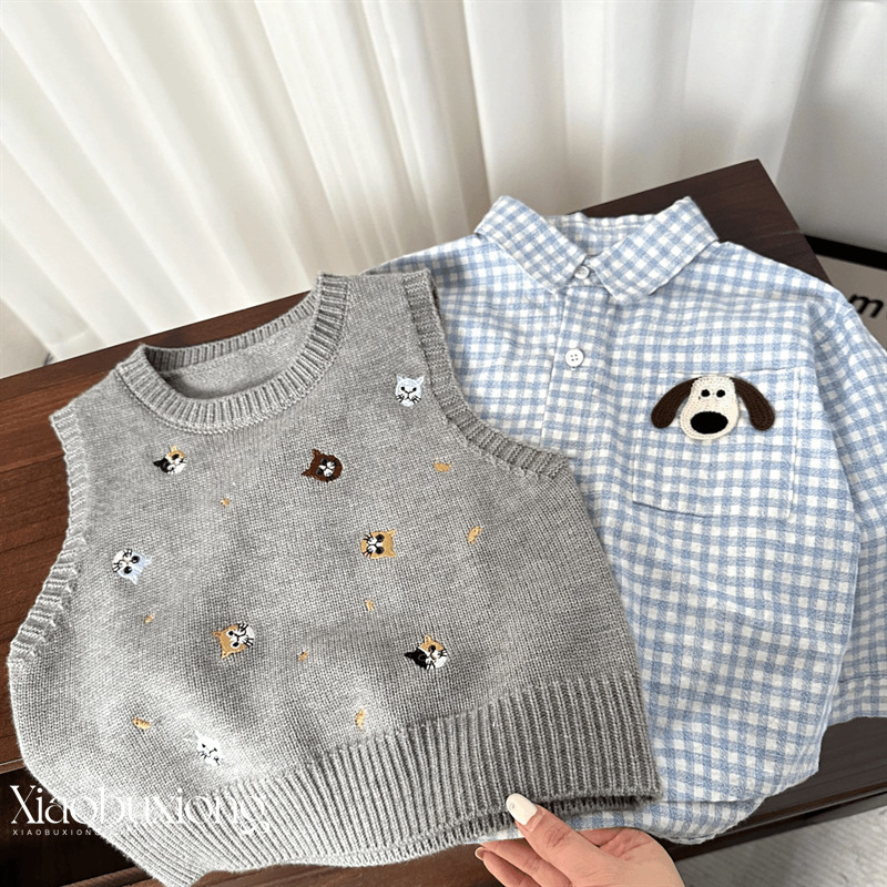 Boys' New Spring and Autumn Cartoon Avatar Gray Vest and Blue Plaid Puppy Shirt Fashion Two-Piece Set Trendy