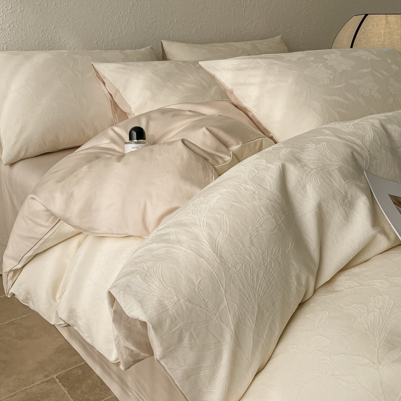 Natural Wood Style 100% Cotton 60S Jacquard Double-Layer Gauze Four-Piece Set Luxury Feel Pure Cotton Duvet Cover Bed Sheet Bedding Set