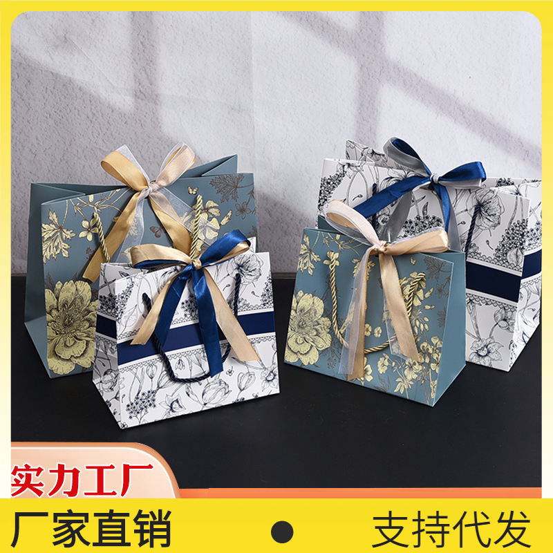 ✅礼品袋 跨境花色纸袋伴手礼手提袋 配丝带节日送礼礼物服装包装