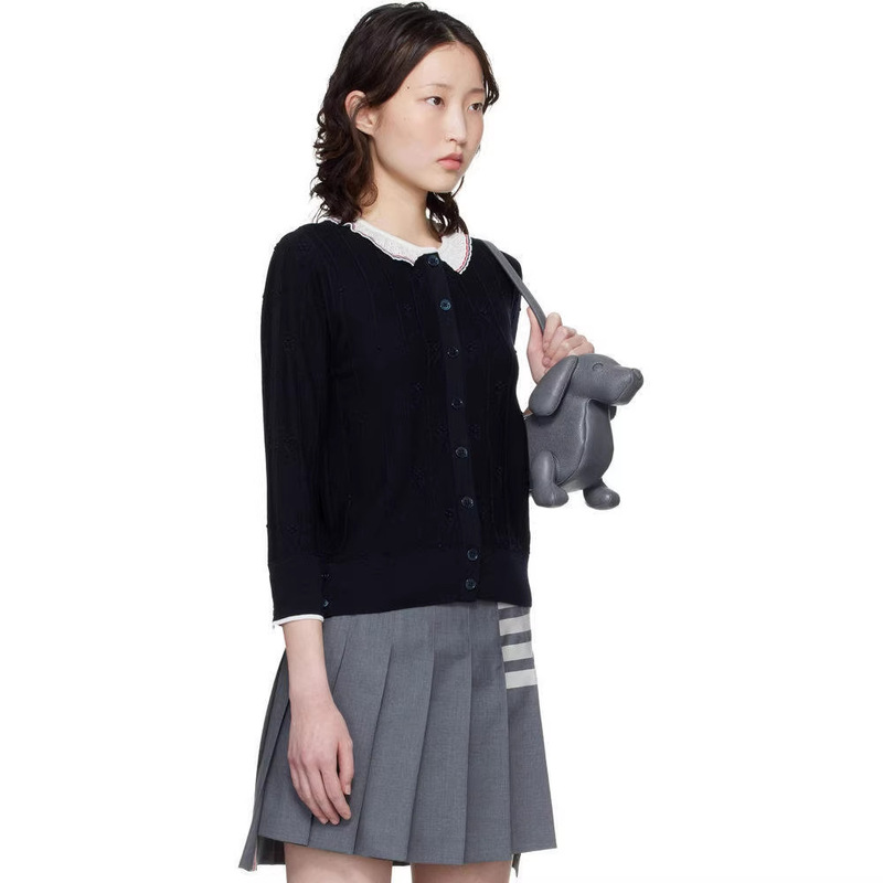 Women's Navy Blue Cardigan Fake Two-Piece Sweater, Fashionable Nerd-Style Doll Collar Long Sleeves Women's Navy Blue Cardigan Fake Two-Piece Sweater, Fashionable Nerd-Style Doll Collar Long Sleeves