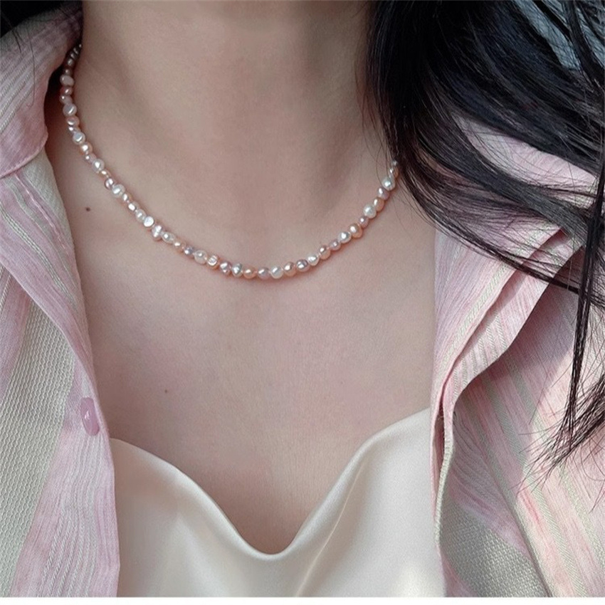 天然糖果色巴洛克异形淡水珍珠项链女多巴胺粉白紫搭配锁骨颈链