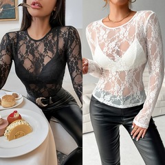 European and American cross-border new style elegant single-layer lace bra without slim fit round neck T-shirt long-sleeved top