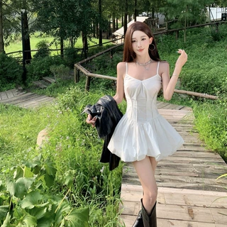 纯欲风性感白色内搭吊带连衣裙子女收腰显瘦小个子辣妹花苞短裙夏