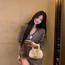 美式复古撞色条纹防晒罩衫t恤女夏季宽松休闲慵懒松弛感上衣薄款